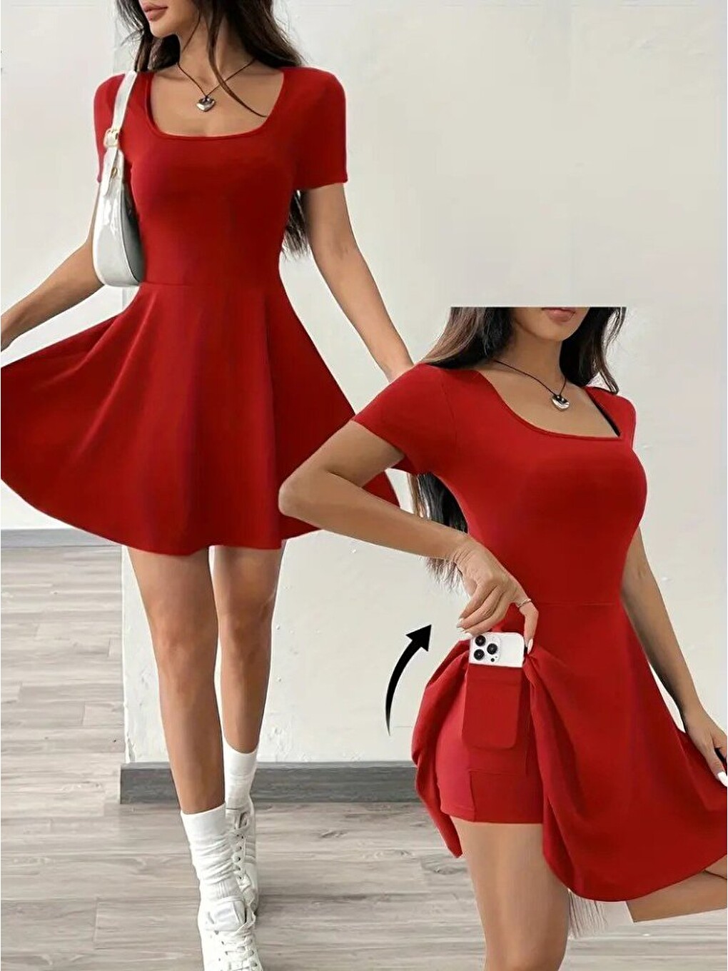 Kırmızı Kadın Kısa Kollu Kare Yaka Short Detaylı Cepli Dalgıç Elbise
