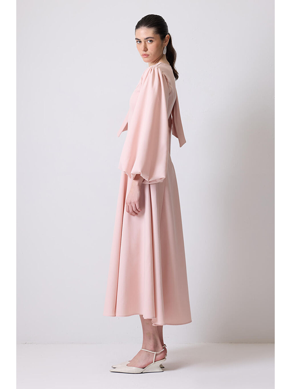 Pembe Taş İşlemeli Balon Kollu Elbise-2