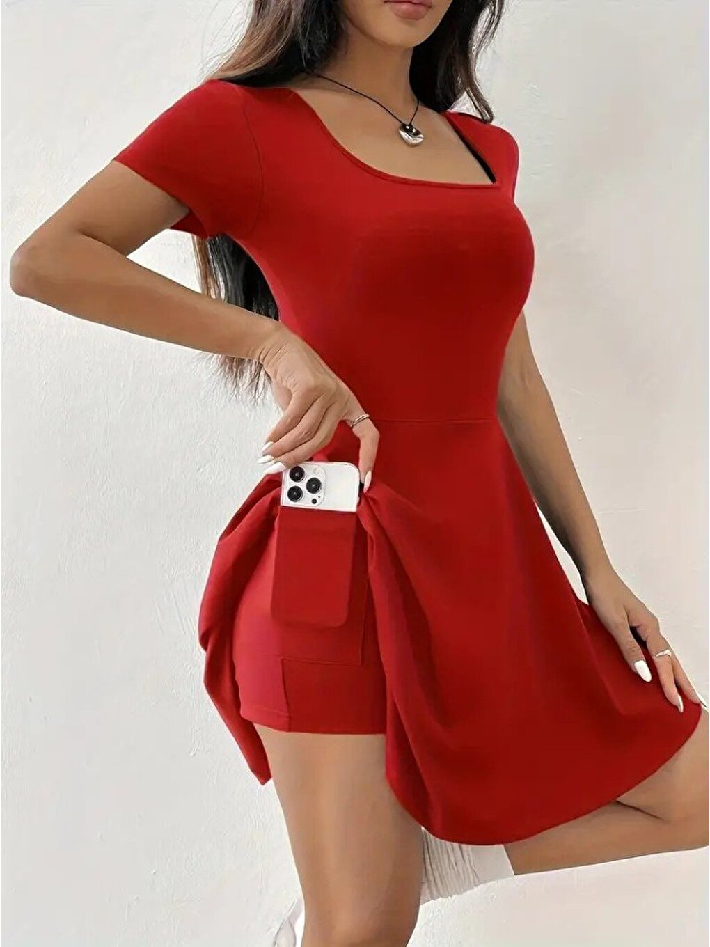 Kırmızı Kadın Kısa Kollu Kare Yaka Short Detaylı Cepli Dalgıç Elbise-3