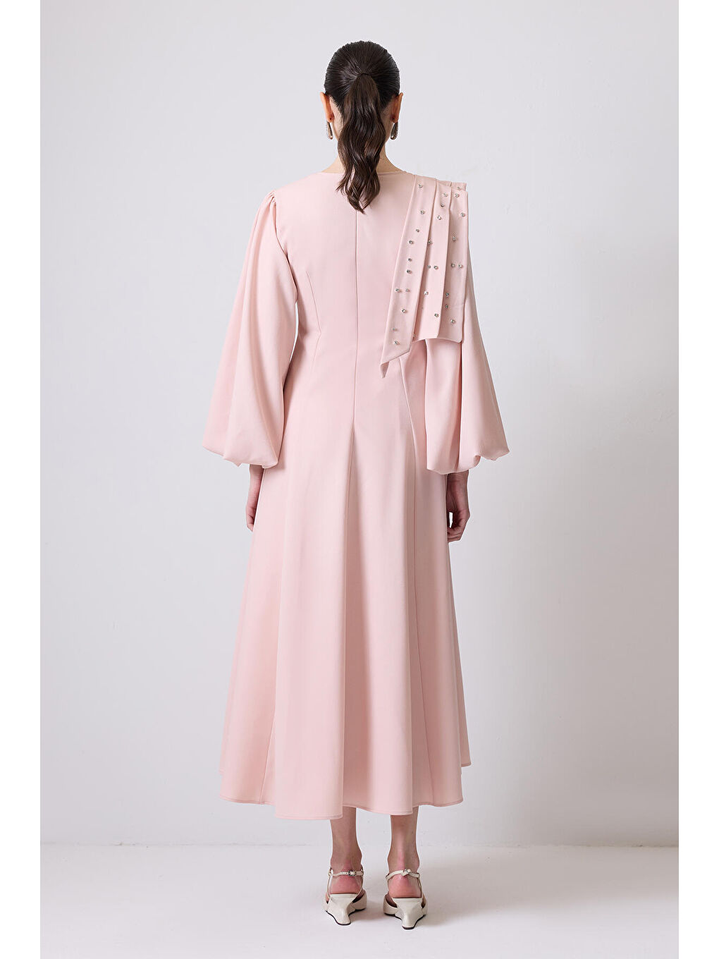 Pembe Taş İşlemeli Balon Kollu Elbise-3