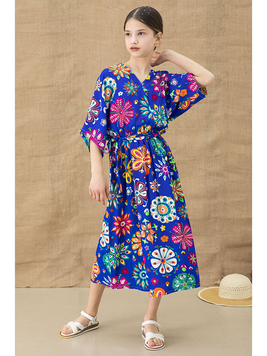 Mavi Çiçek Desenli Kısa Kol Kız Çocuk Kuşaklı Elbise 20767