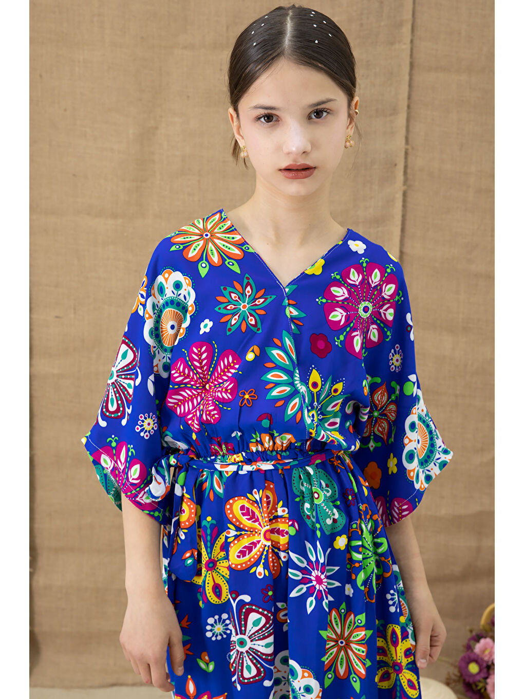 Mavi Çiçek Desenli Kısa Kol Kız Çocuk Kuşaklı Elbise 20767-1