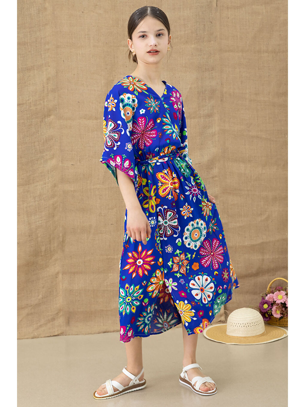 Mavi Çiçek Desenli Kısa Kol Kız Çocuk Kuşaklı Elbise 20767-2