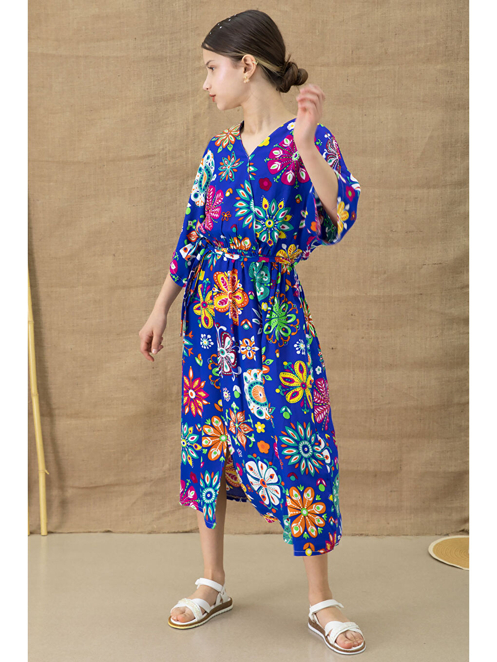 Mavi Çiçek Desenli Kısa Kol Kız Çocuk Kuşaklı Elbise 20767-4