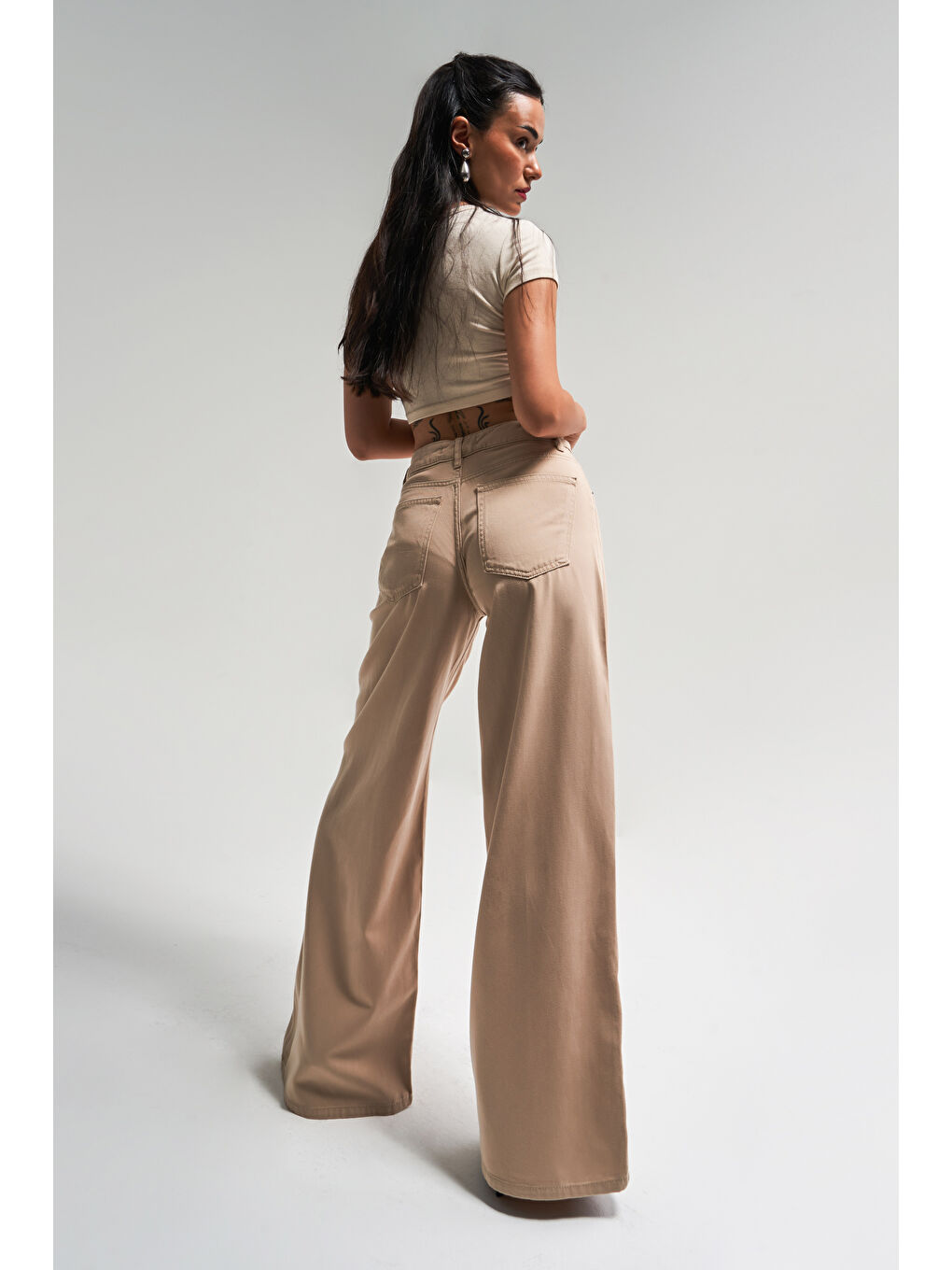 Kadın Bej Renk S5-29 Bağcıklı Palazzo Fit Bol Kesim Yazlık Kumaş Denim Jean-2