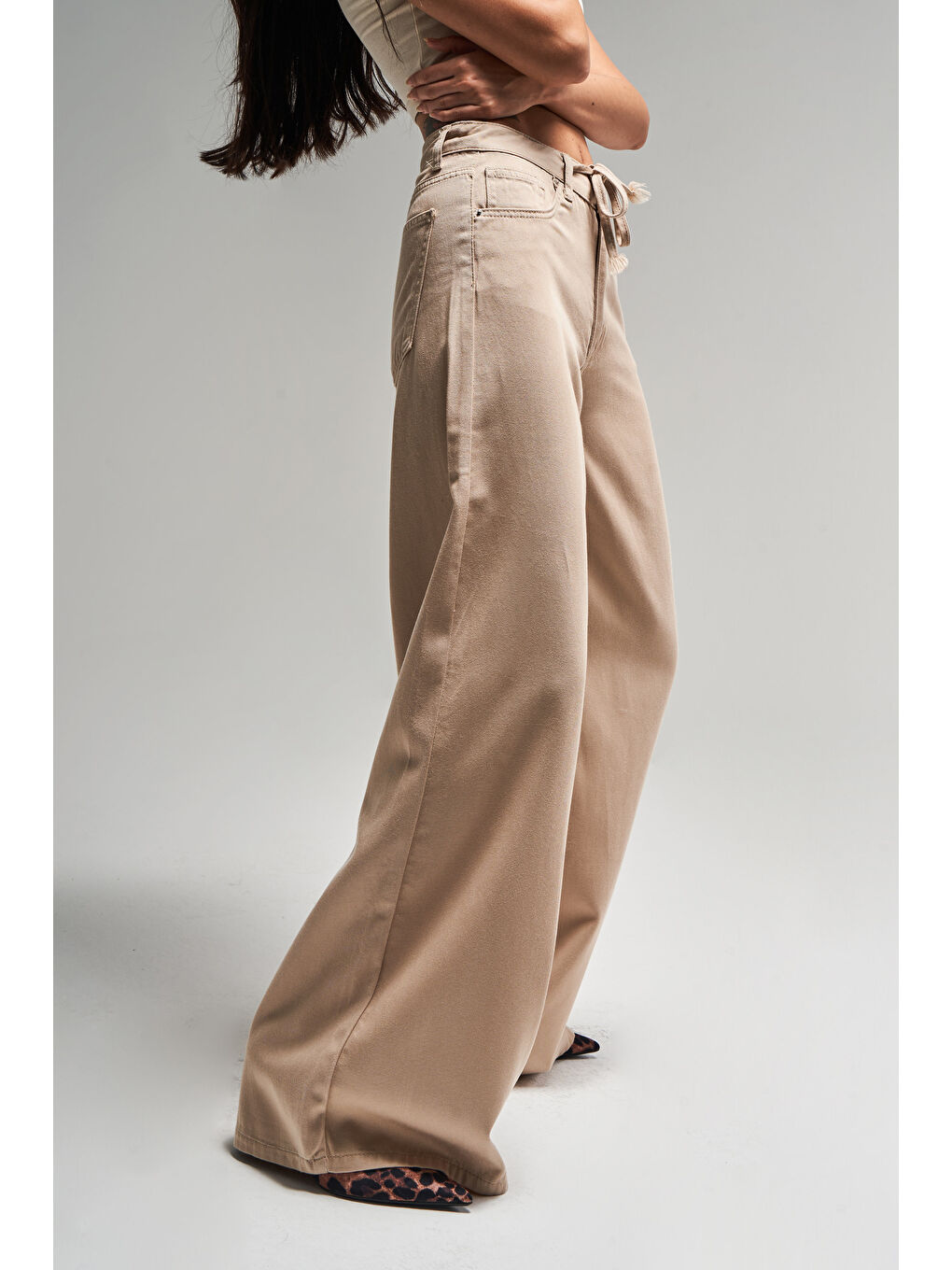 Kadın Bej Renk S5-29 Bağcıklı Palazzo Fit Bol Kesim Yazlık Kumaş Denim Jean-3