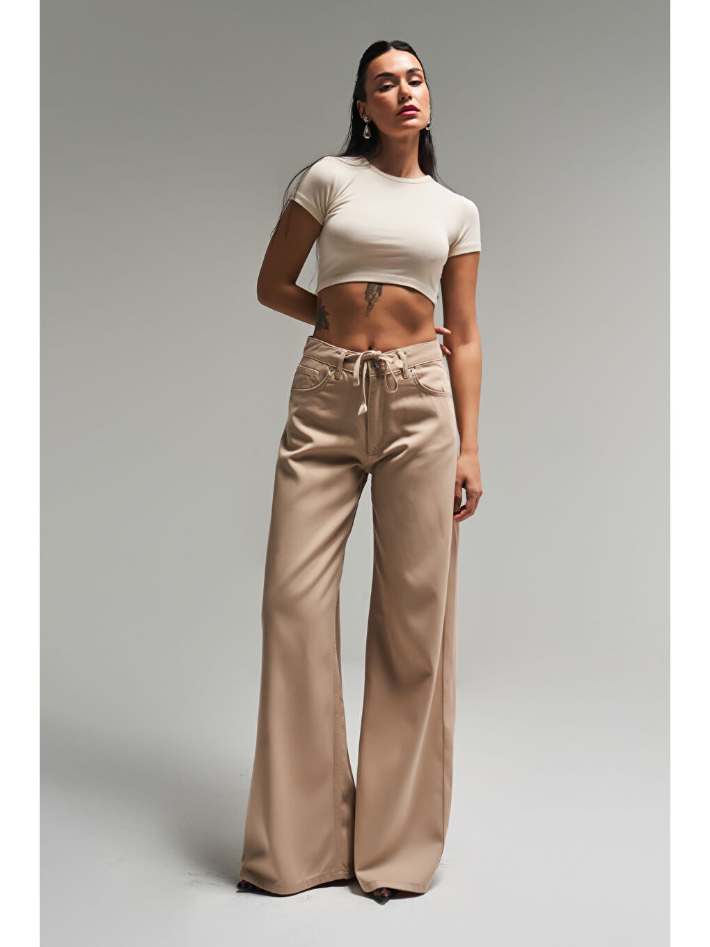 Kadın Bej Renk S5-29 Bağcıklı Palazzo Fit Bol Kesim Yazlık Kumaş Denim Jean-4