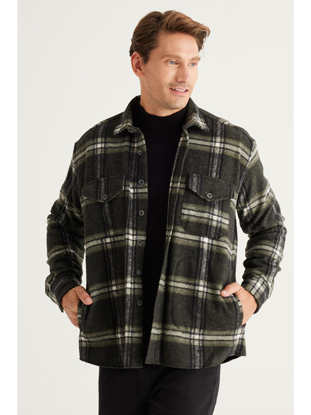 Erkek Haki-Siyah Oversize Fit Geniş Kesim Düğmeli Yaka Kareli Oduncu Gömlek Ceket