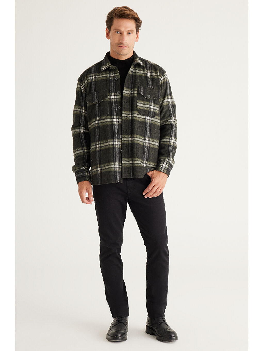 Erkek Haki-Siyah Oversize Fit Geniş Kesim Düğmeli Yaka Kareli Oduncu Gömlek Ceket-1