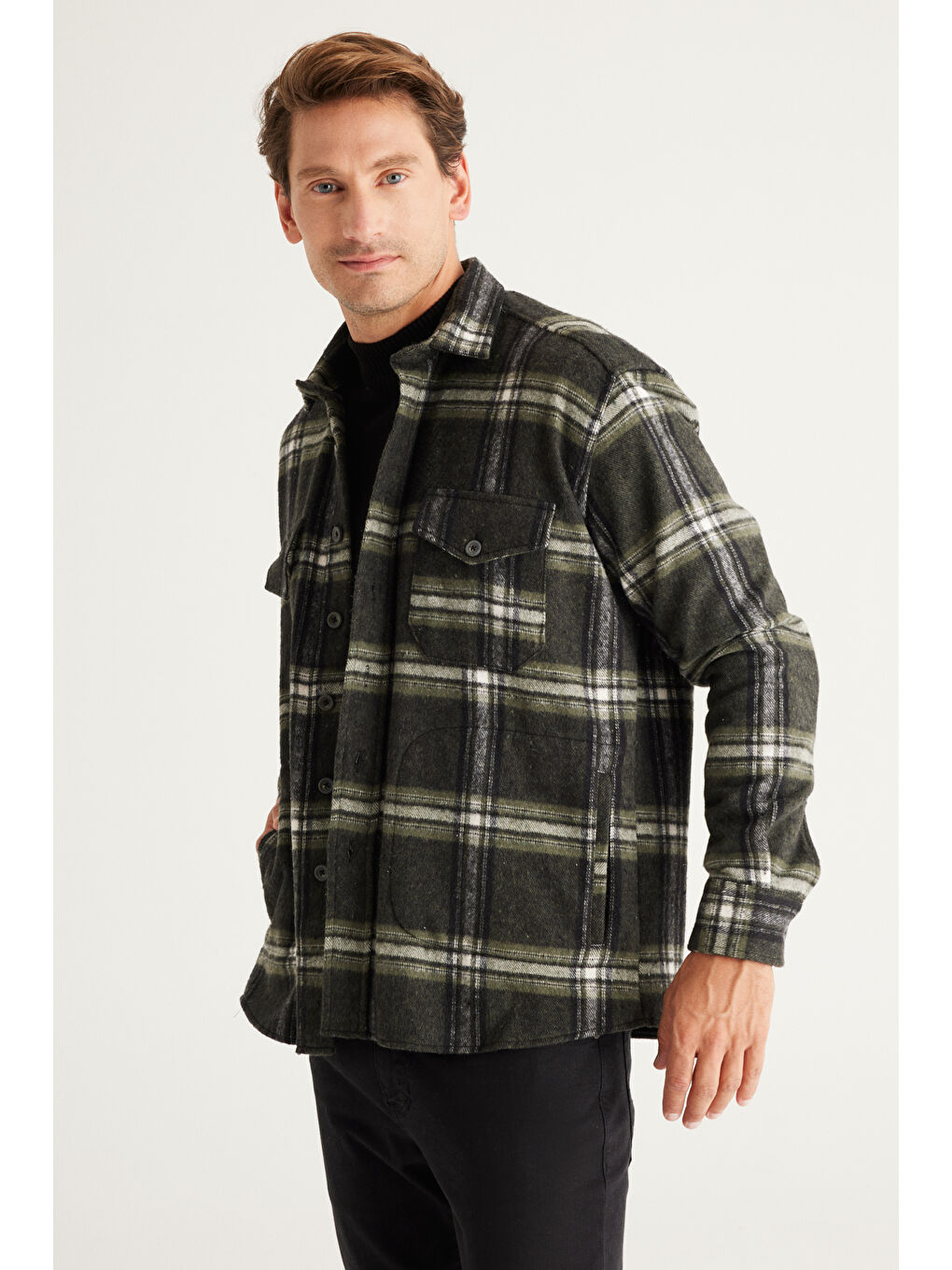 Erkek Haki-Siyah Oversize Fit Geniş Kesim Düğmeli Yaka Kareli Oduncu Gömlek Ceket-2