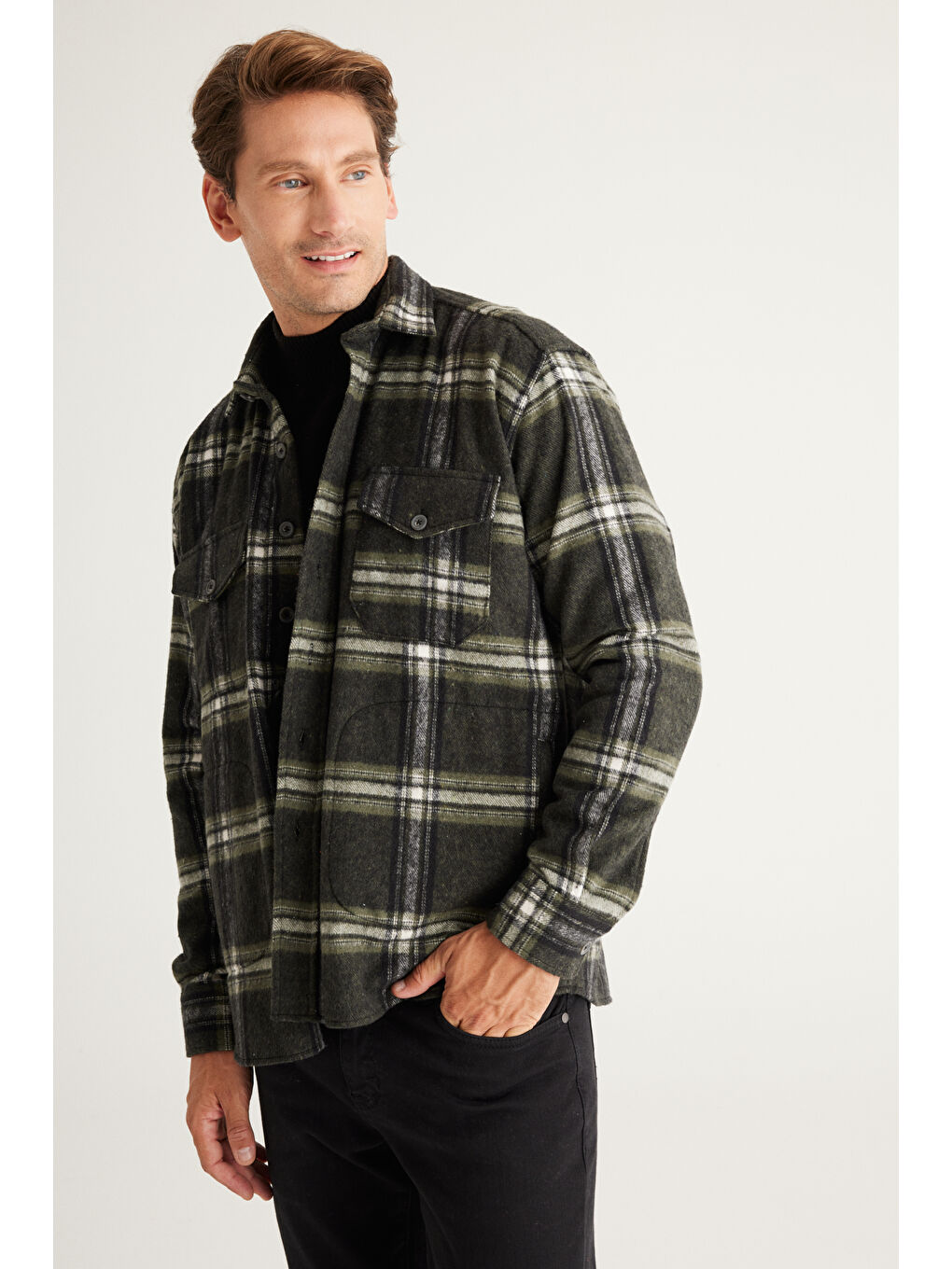 Erkek Haki-Siyah Oversize Fit Geniş Kesim Düğmeli Yaka Kareli Oduncu Gömlek Ceket-3