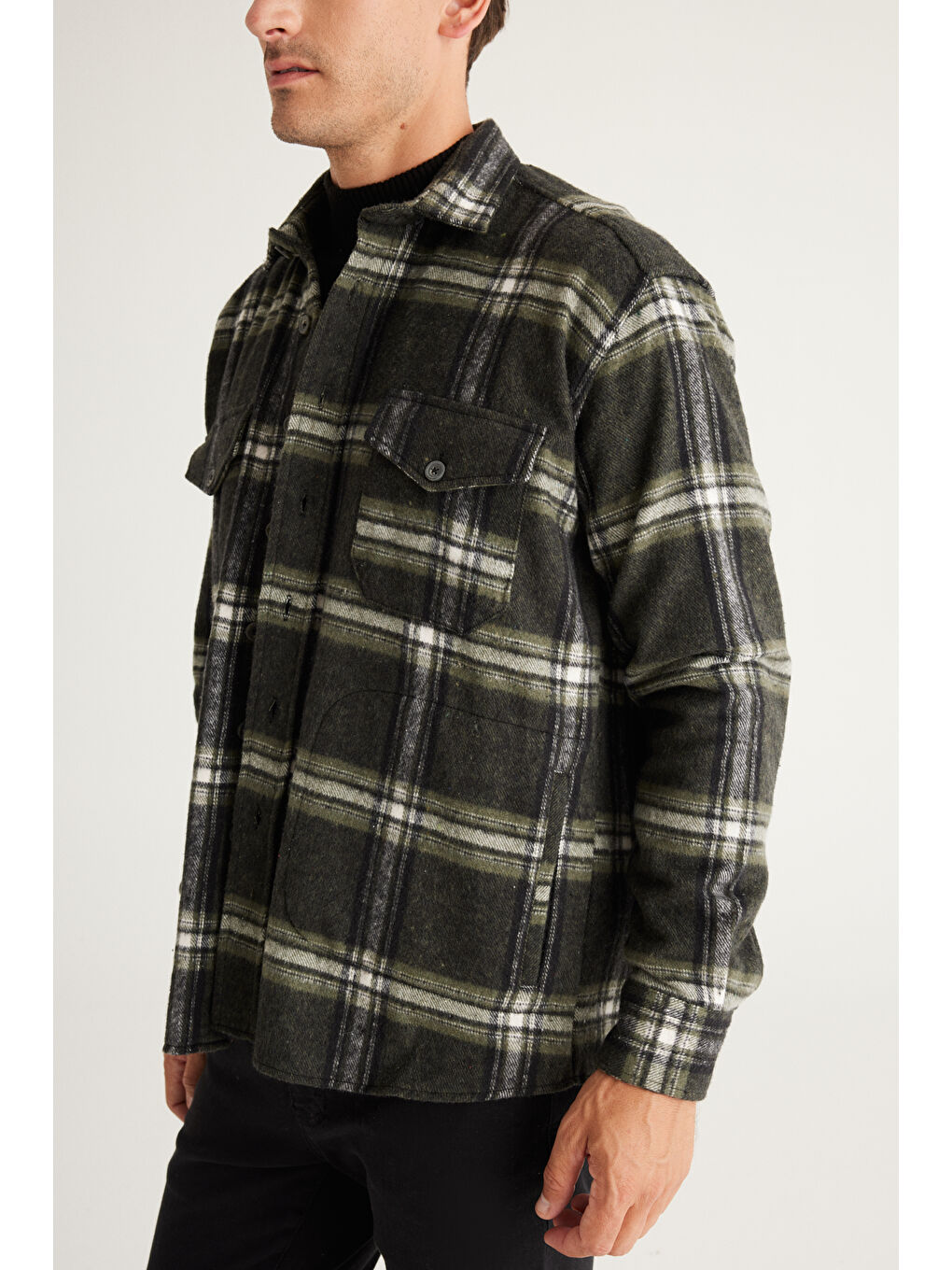 Erkek Haki-Siyah Oversize Fit Geniş Kesim Düğmeli Yaka Kareli Oduncu Gömlek Ceket-4