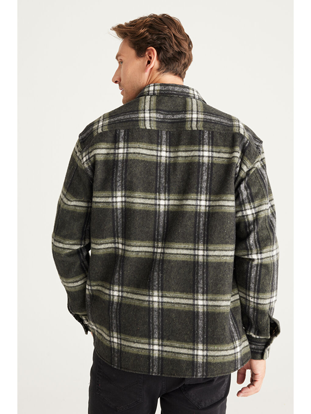 Erkek Haki-Siyah Oversize Fit Geniş Kesim Düğmeli Yaka Kareli Oduncu Gömlek Ceket-5