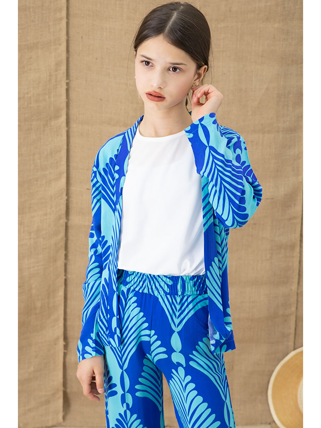 Mavi Yaprak Desenli Kimonolu Geniş Paça Panotolonlu Kız Çocuk 3lü Takım 20763-1
