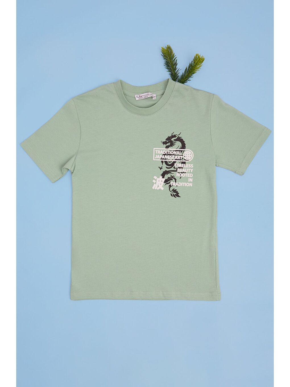 Yeşil Ejderha Baskılı Bisiklet Yaka Erkek Çocuk Tişört