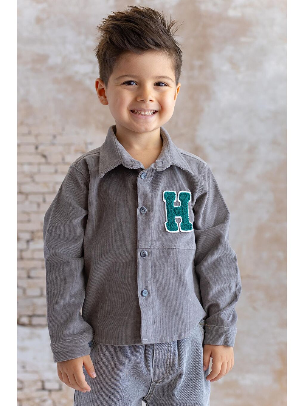 Erkek Bebek Fitilli Kadife Gömlek - Antrasit