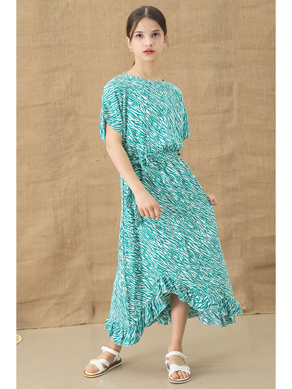 Yeşil Zebra Desenli Kuşaklı Kız Çocuk Kısa Kol Elbise 20770-2