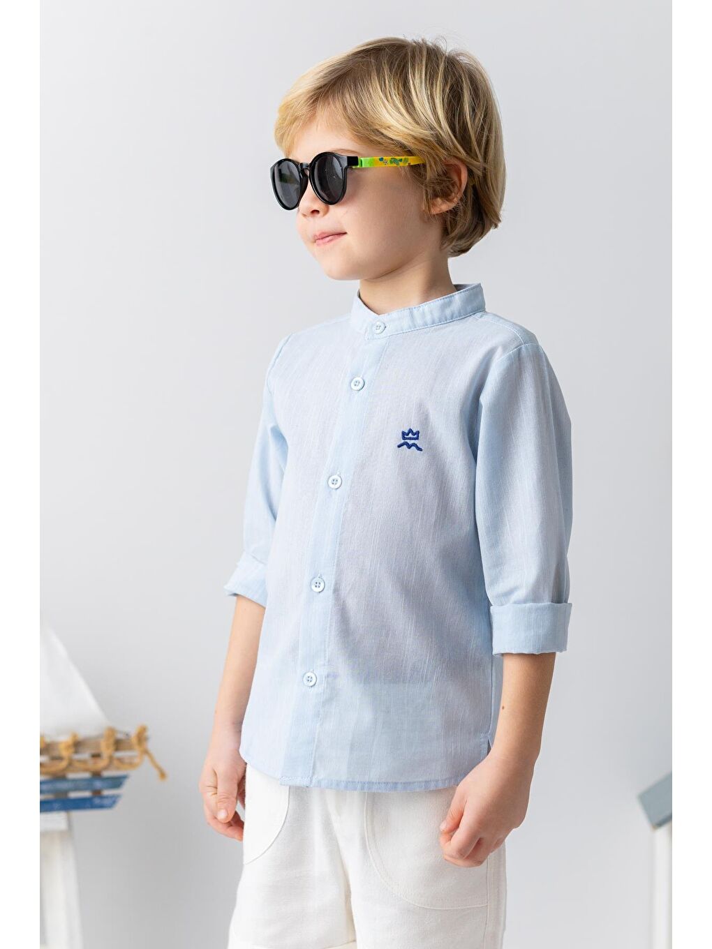 Erkek Bebek Hakim Yaka Uzun Kollu Gömlek - Açık Mavi-1