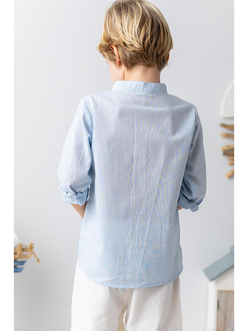 Erkek Bebek Hakim Yaka Uzun Kollu Gömlek - Açık Mavi-2