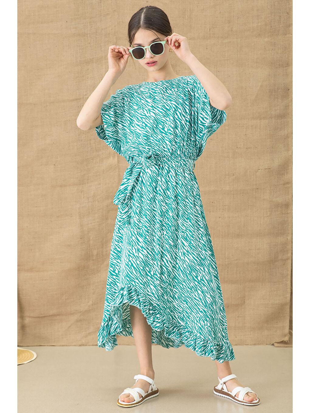 Yeşil Zebra Desenli Kuşaklı Kız Çocuk Kısa Kol Elbise 20770-3