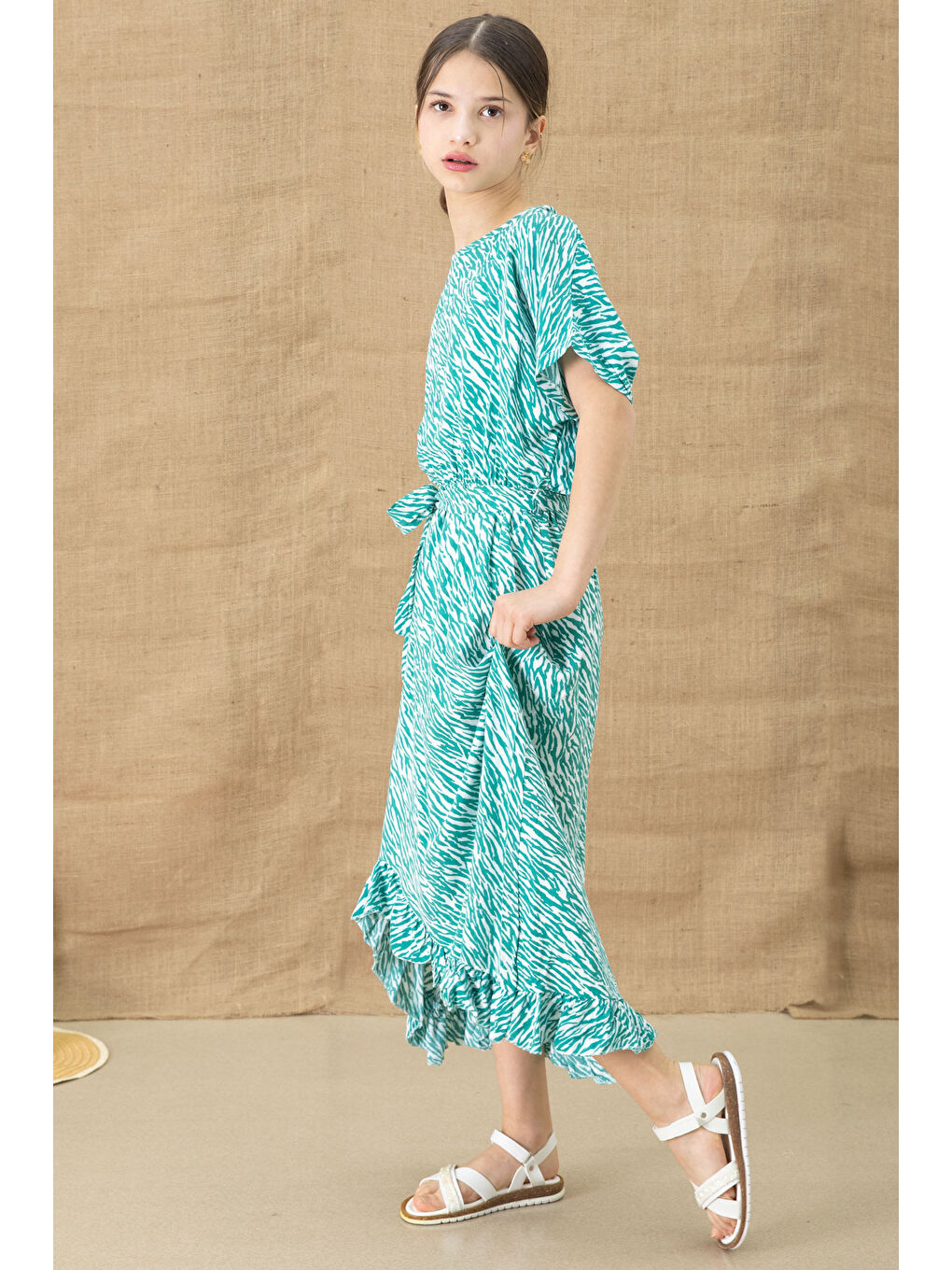 Yeşil Zebra Desenli Kuşaklı Kız Çocuk Kısa Kol Elbise 20770-4