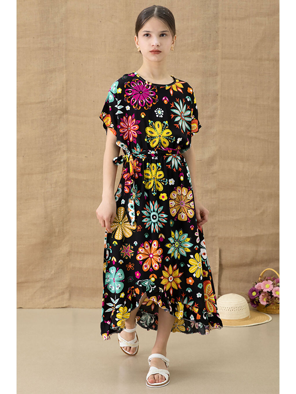 Siyah Çiçek Desenli Kısa Kol Kız Çocuk Kuşaklı Elbise 20768-4