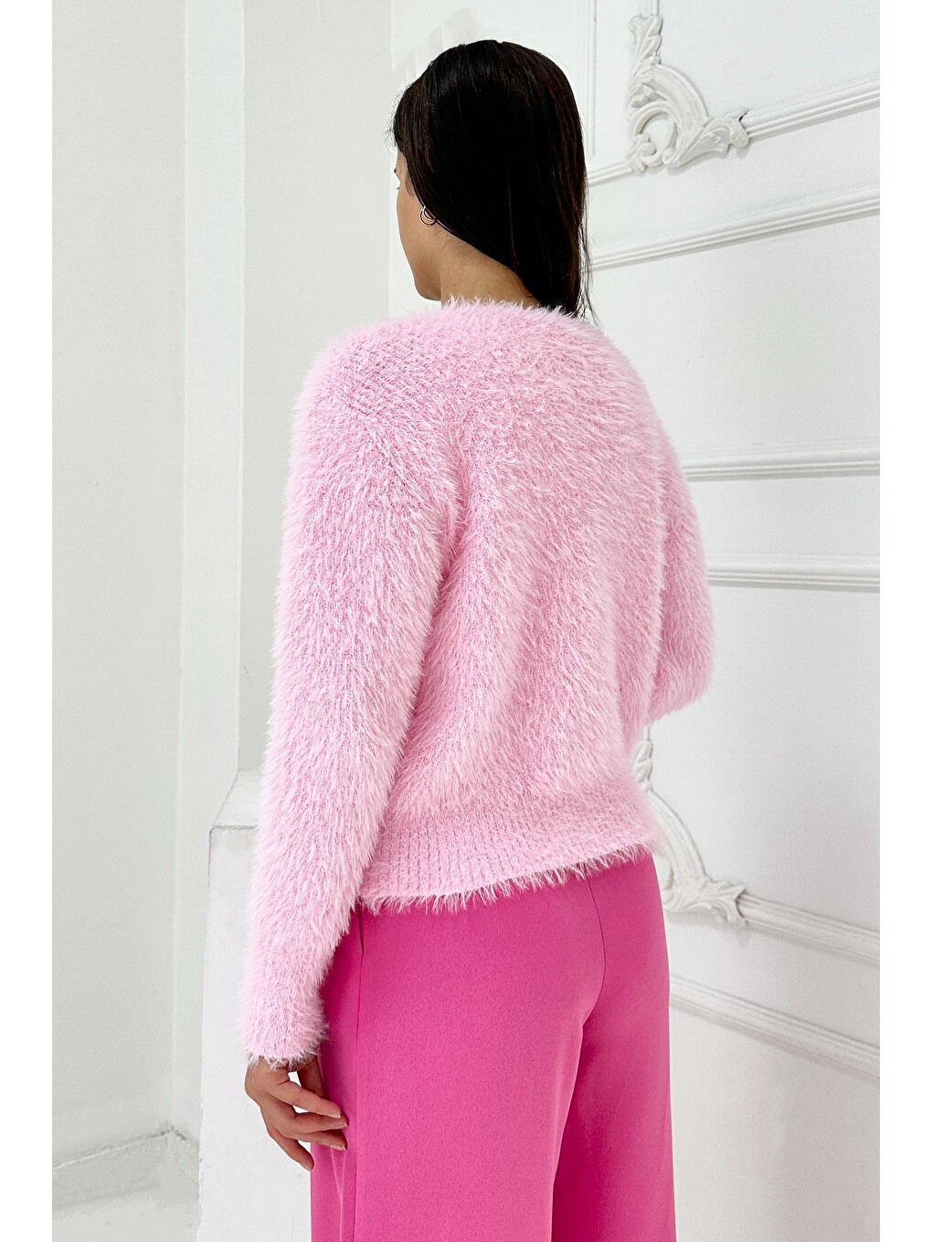 Sakallı Düğmeli Hırka Pembe - 27900-PEMBE-1