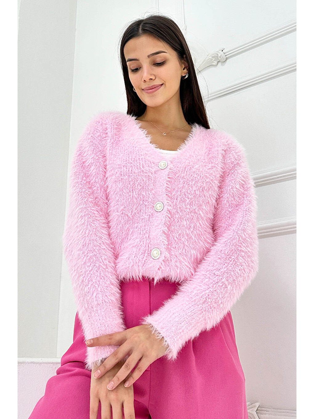 Sakallı Düğmeli Hırka Pembe - 27900-PEMBE-3