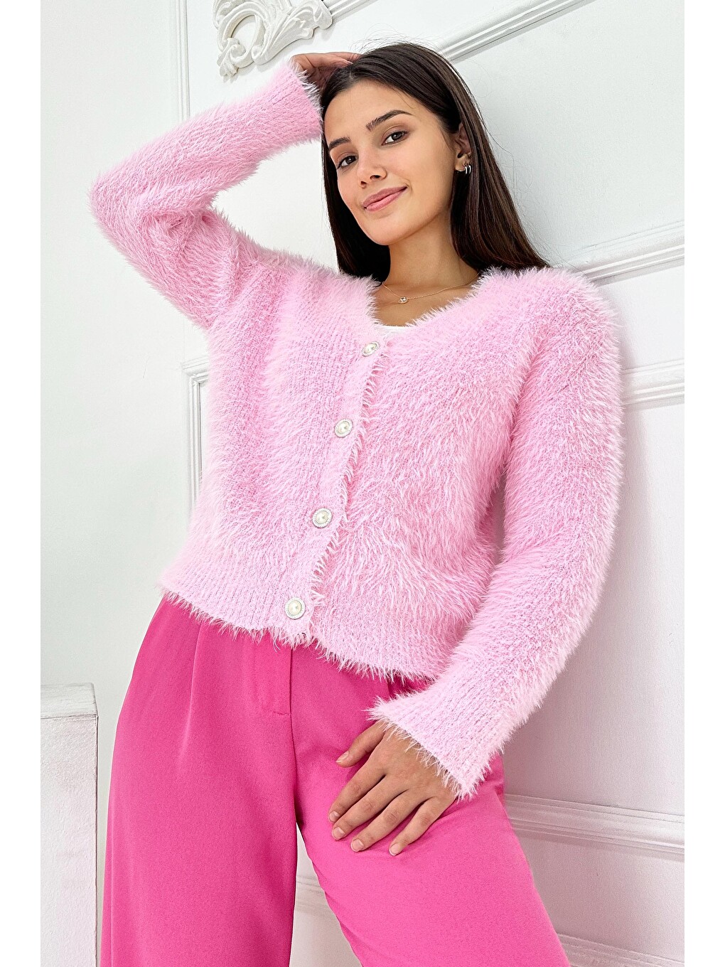 Sakallı Düğmeli Hırka Pembe - 27900-PEMBE-4