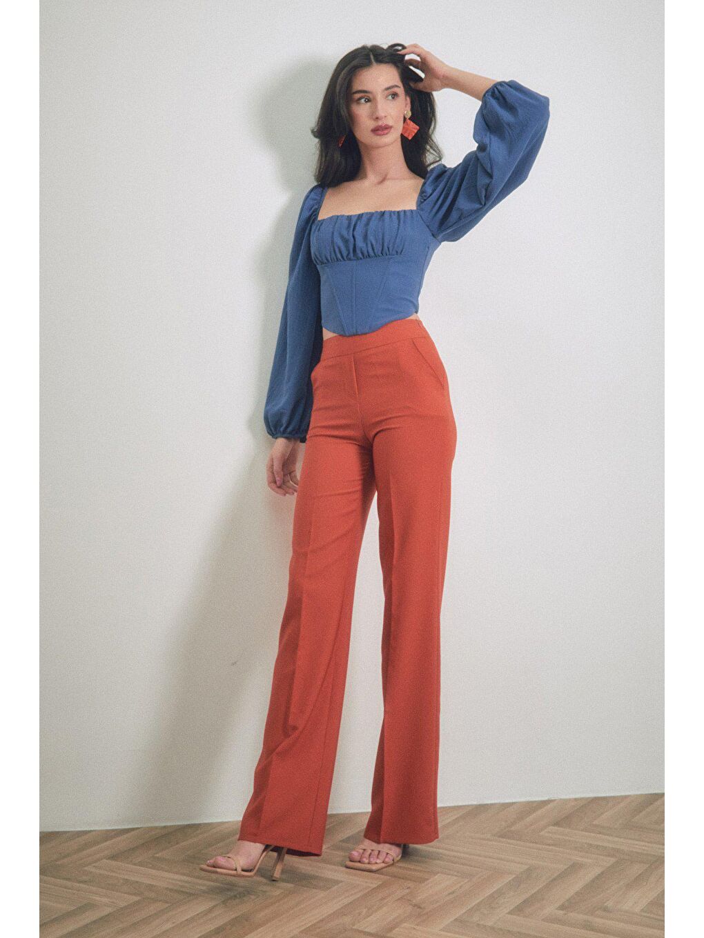 Kahverengi Yüksek Bel Palazzo Kumaş Pantolon