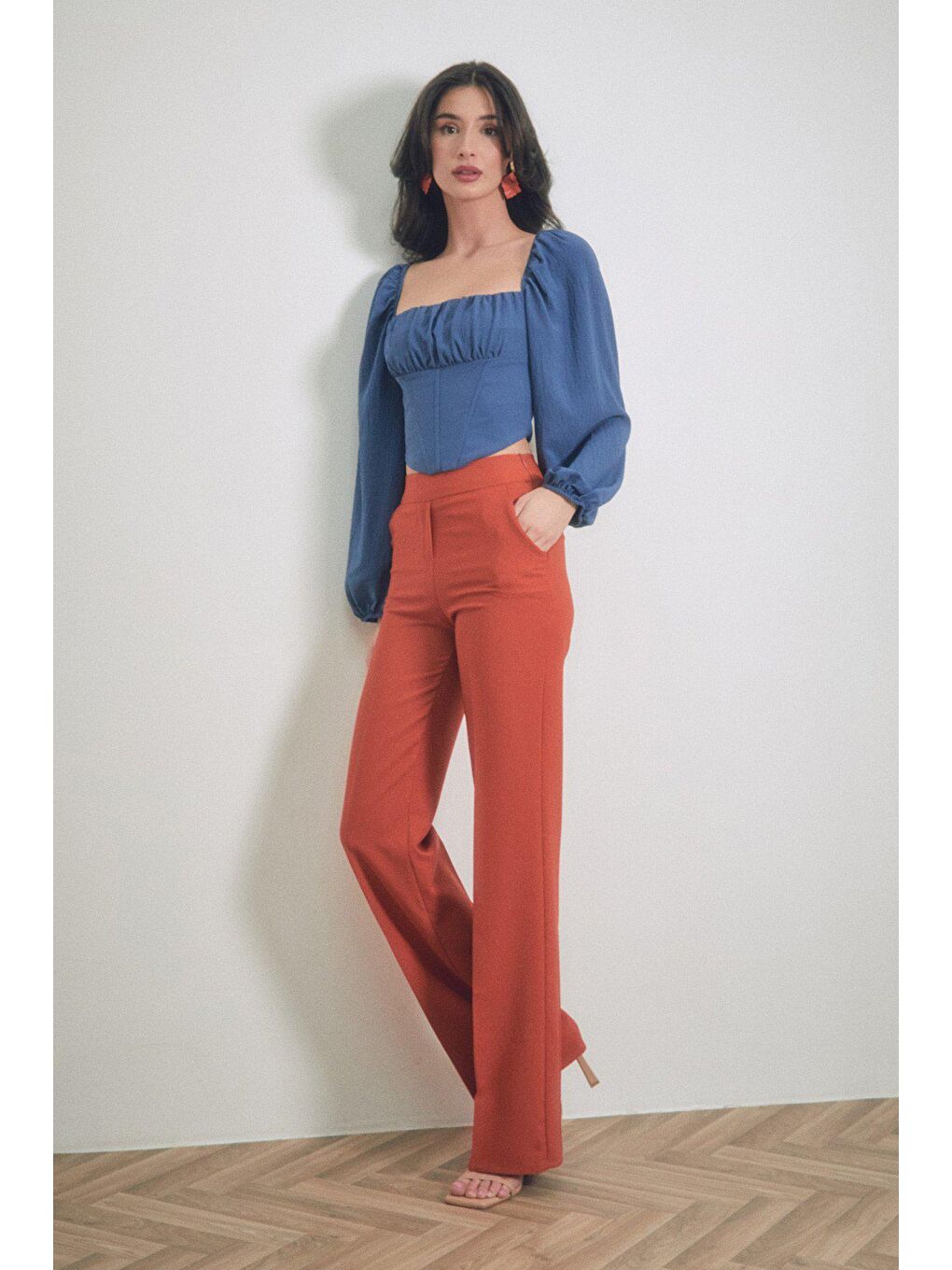 Kahverengi Yüksek Bel Palazzo Kumaş Pantolon-1