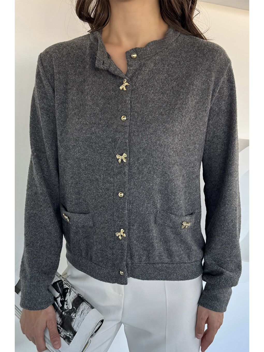 Antrasit Kadın Fiyonk Düğmeli Triko Hırka-2