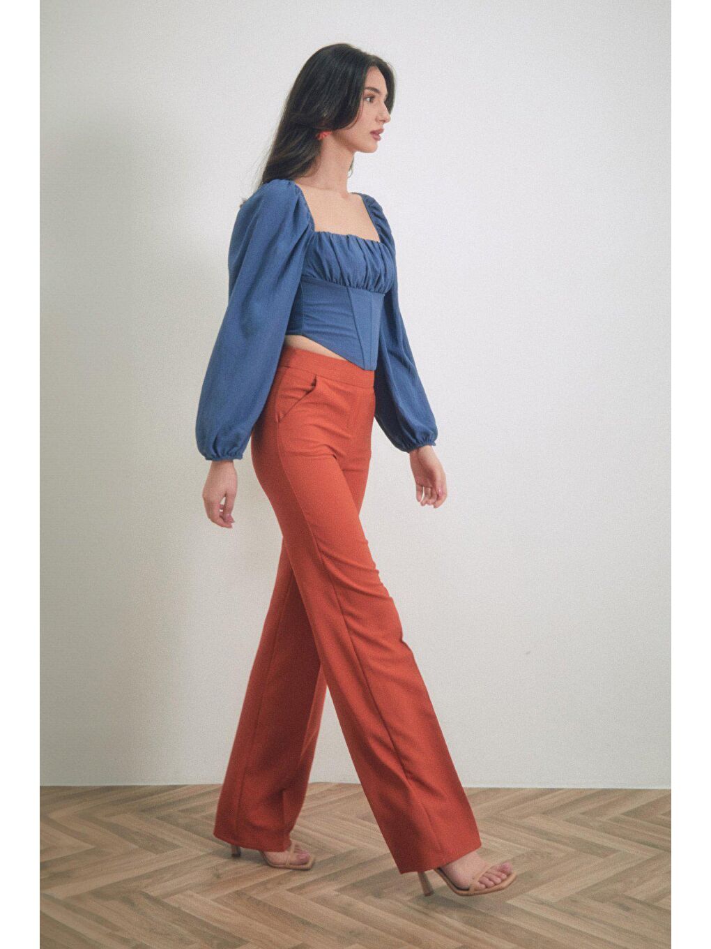 Kahverengi Yüksek Bel Palazzo Kumaş Pantolon-2