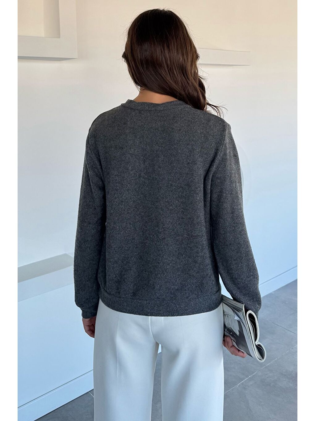 Antrasit Kadın Fiyonk Düğmeli Triko Hırka-3