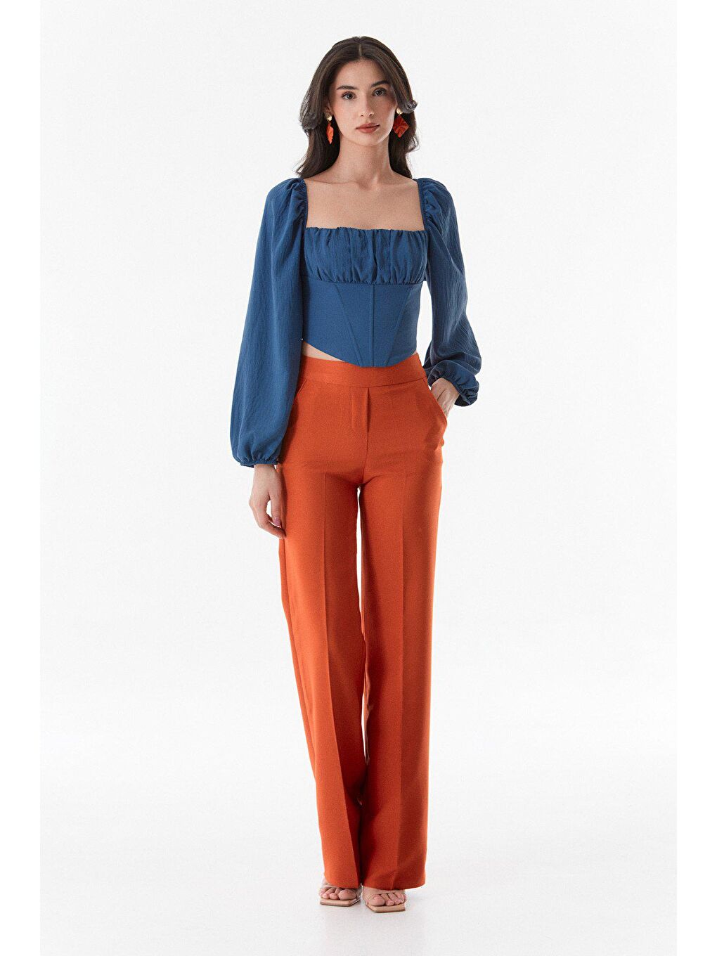 Kahverengi Yüksek Bel Palazzo Kumaş Pantolon-3