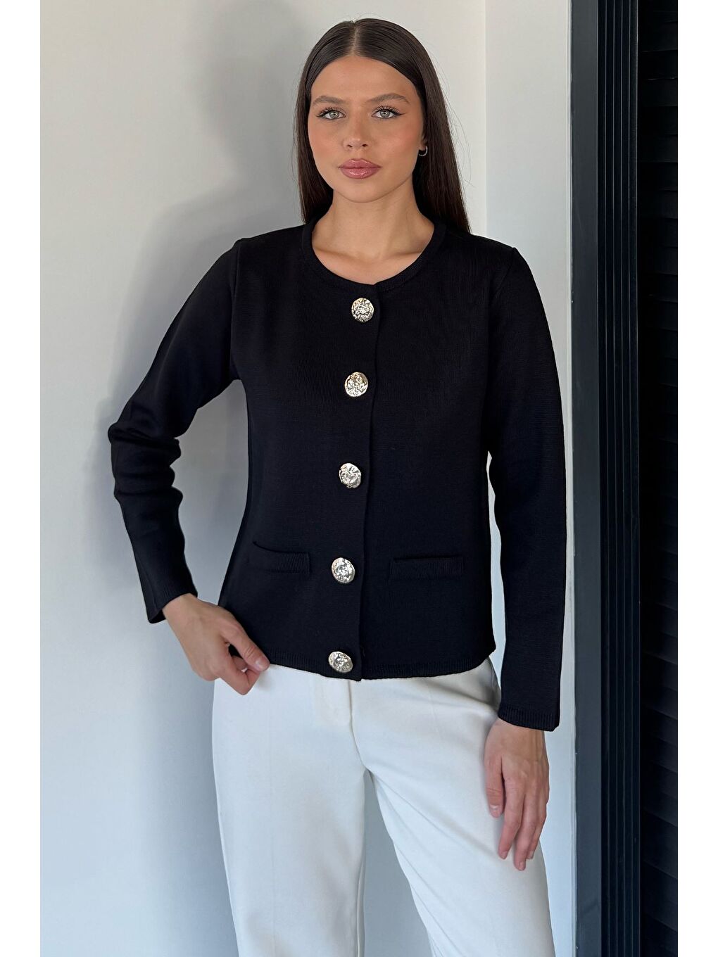 Siyah Kadın Düğme Detaylı Triko Ceket-2
