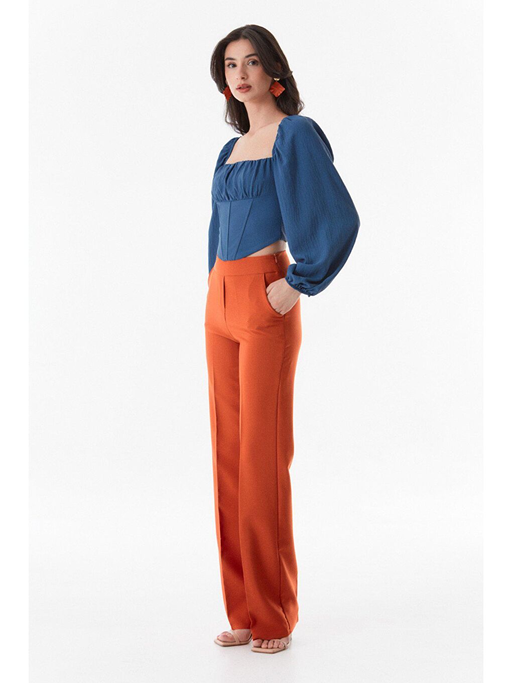 Kahverengi Yüksek Bel Palazzo Kumaş Pantolon-4