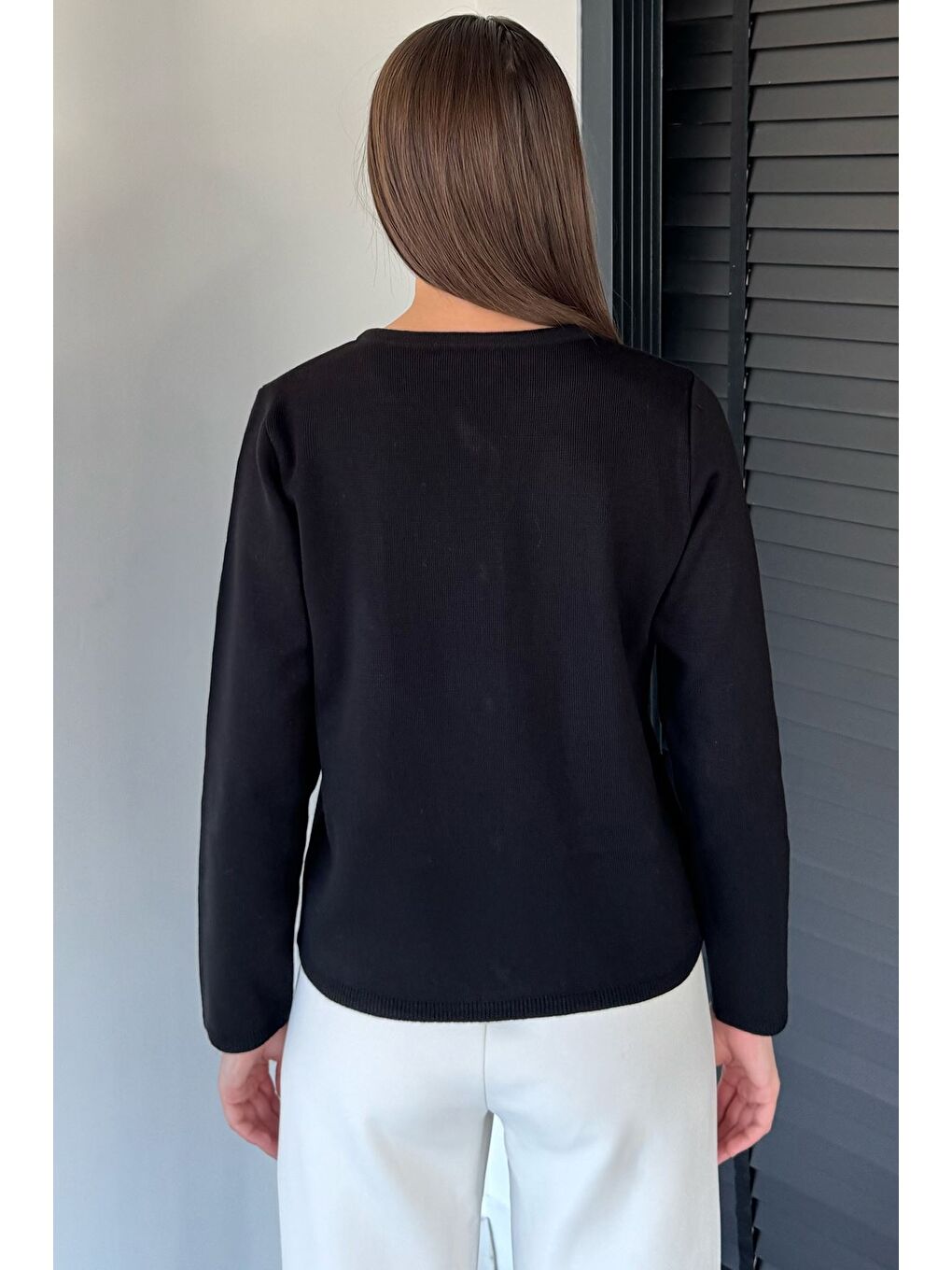 Siyah Kadın Düğme Detaylı Triko Ceket-7