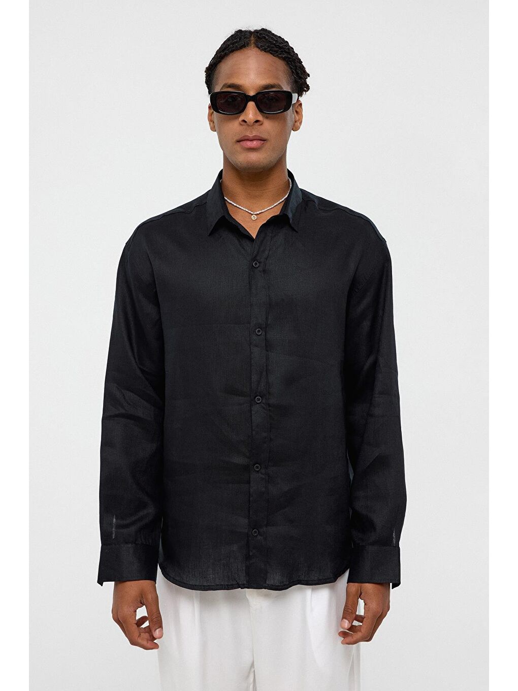 %100 Keten Oversize Uzun Kollu Gömlek Siyah-1