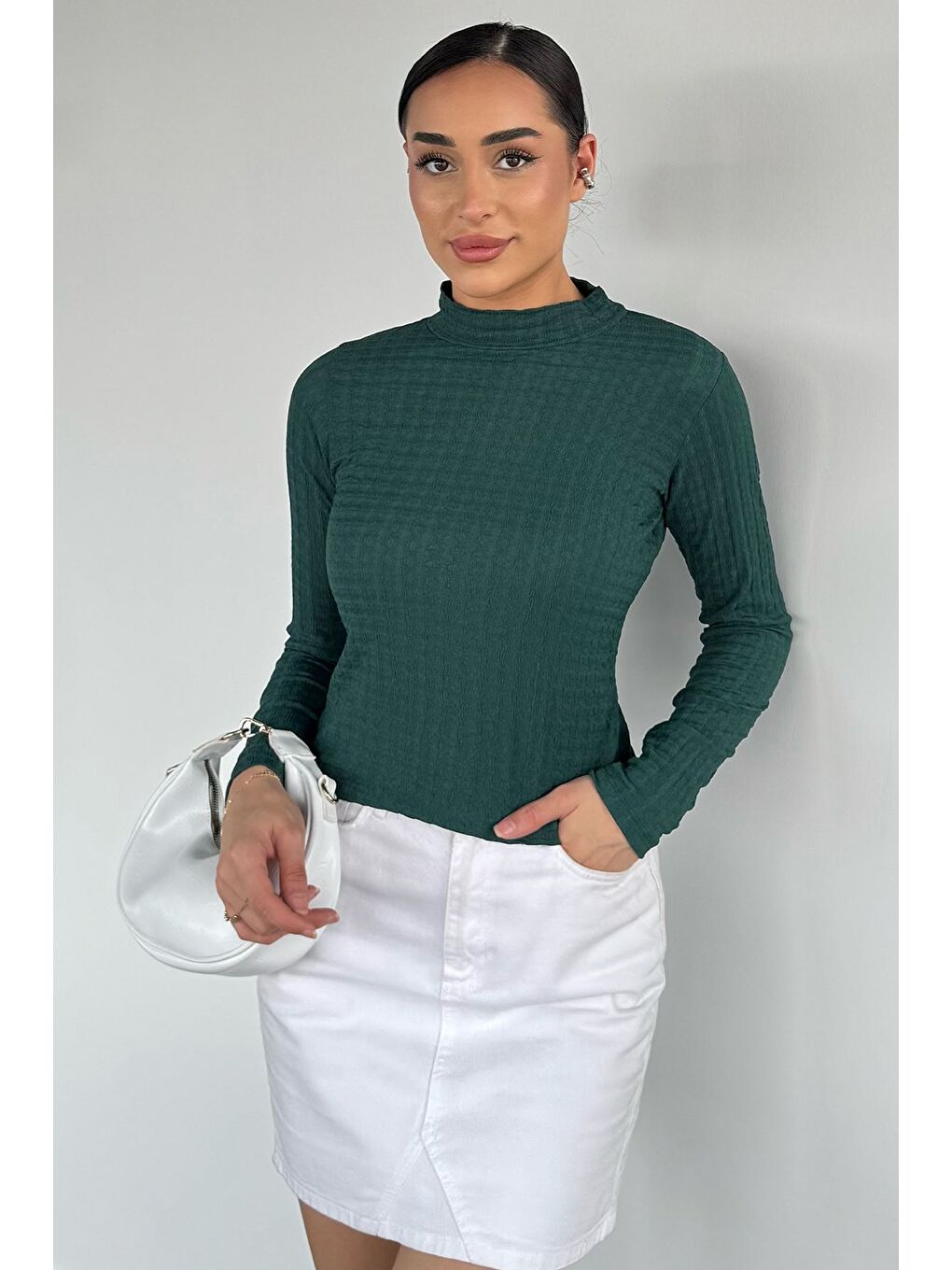 Yeşil Kadın Dik Yaka Basic Bluz-1