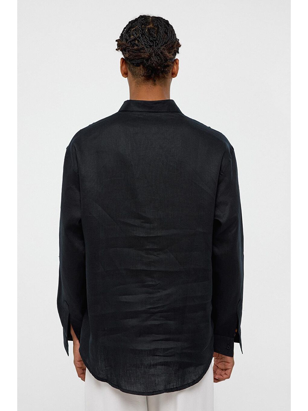 %100 Keten Oversize Uzun Kollu Gömlek Siyah-3