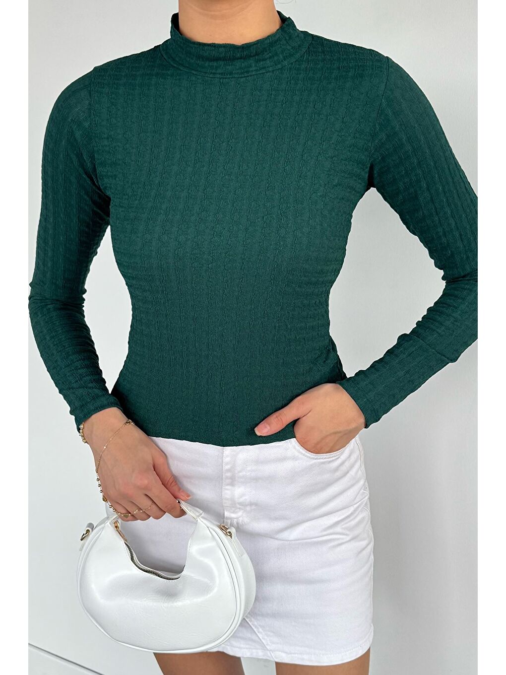 Yeşil Kadın Dik Yaka Basic Bluz-2