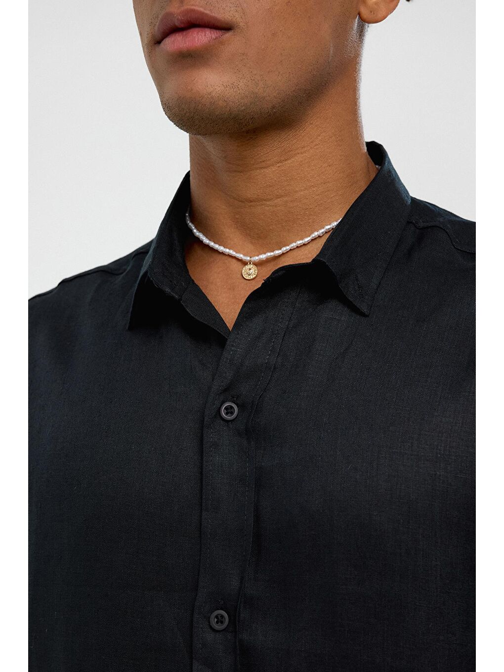 %100 Keten Oversize Uzun Kollu Gömlek Siyah-4