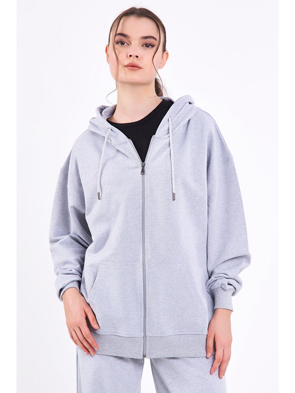 MMETALIC Gri Kanguru Cepli Kapüşonlu Fermuarlı Oversize Kadın Sweatshirt - 1