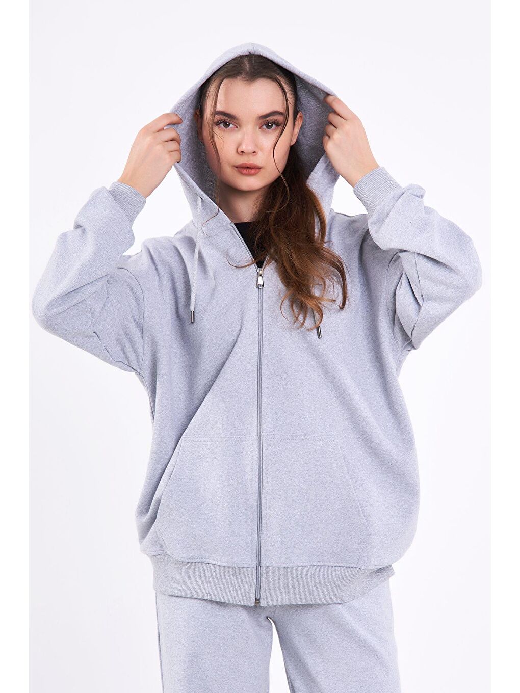 MMETALIC Gri Kanguru Cepli Kapüşonlu Fermuarlı Oversize Kadın Sweatshirt - 3