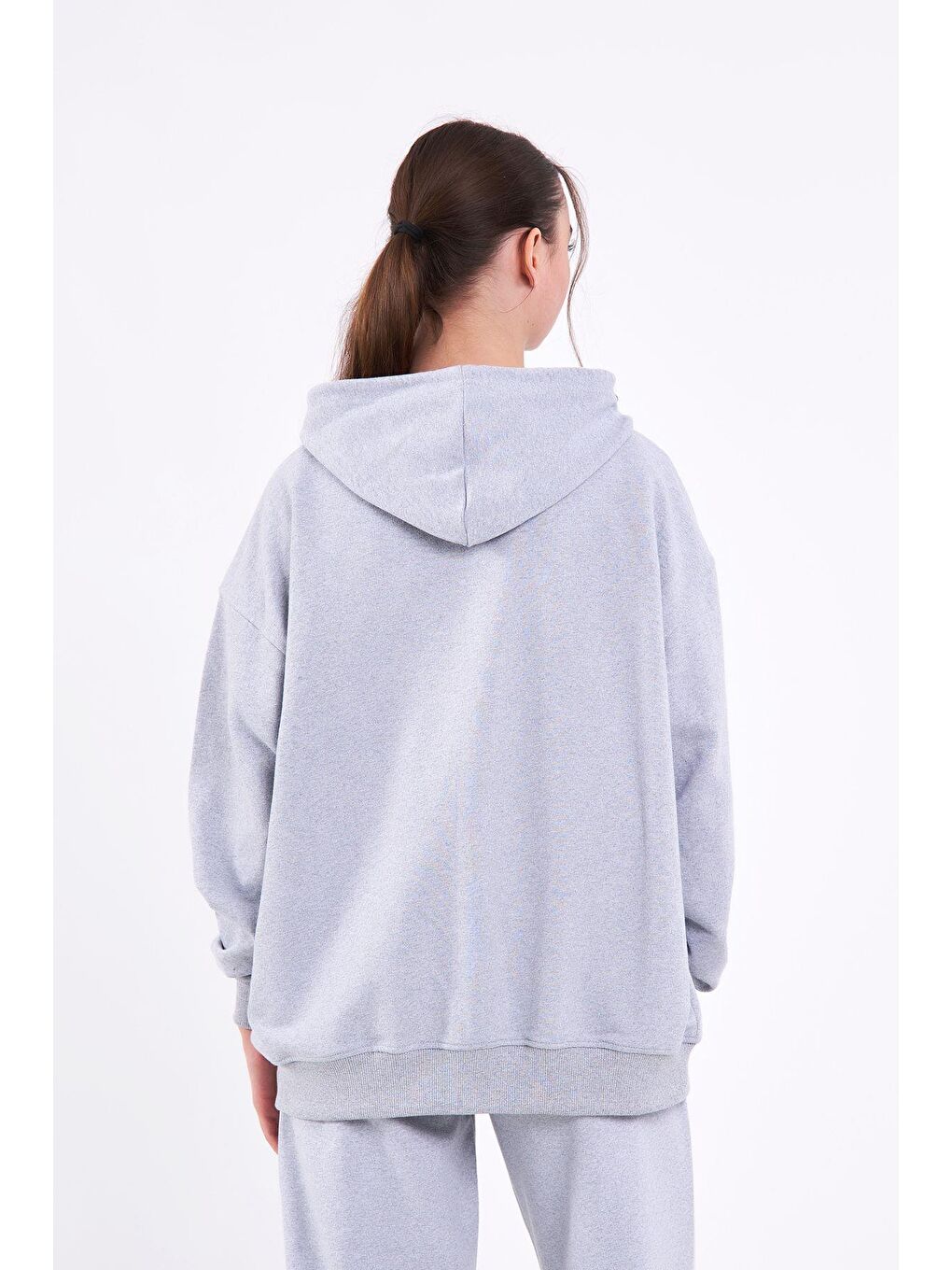 MMETALIC Gri Kanguru Cepli Kapüşonlu Fermuarlı Oversize Kadın Sweatshirt - 6