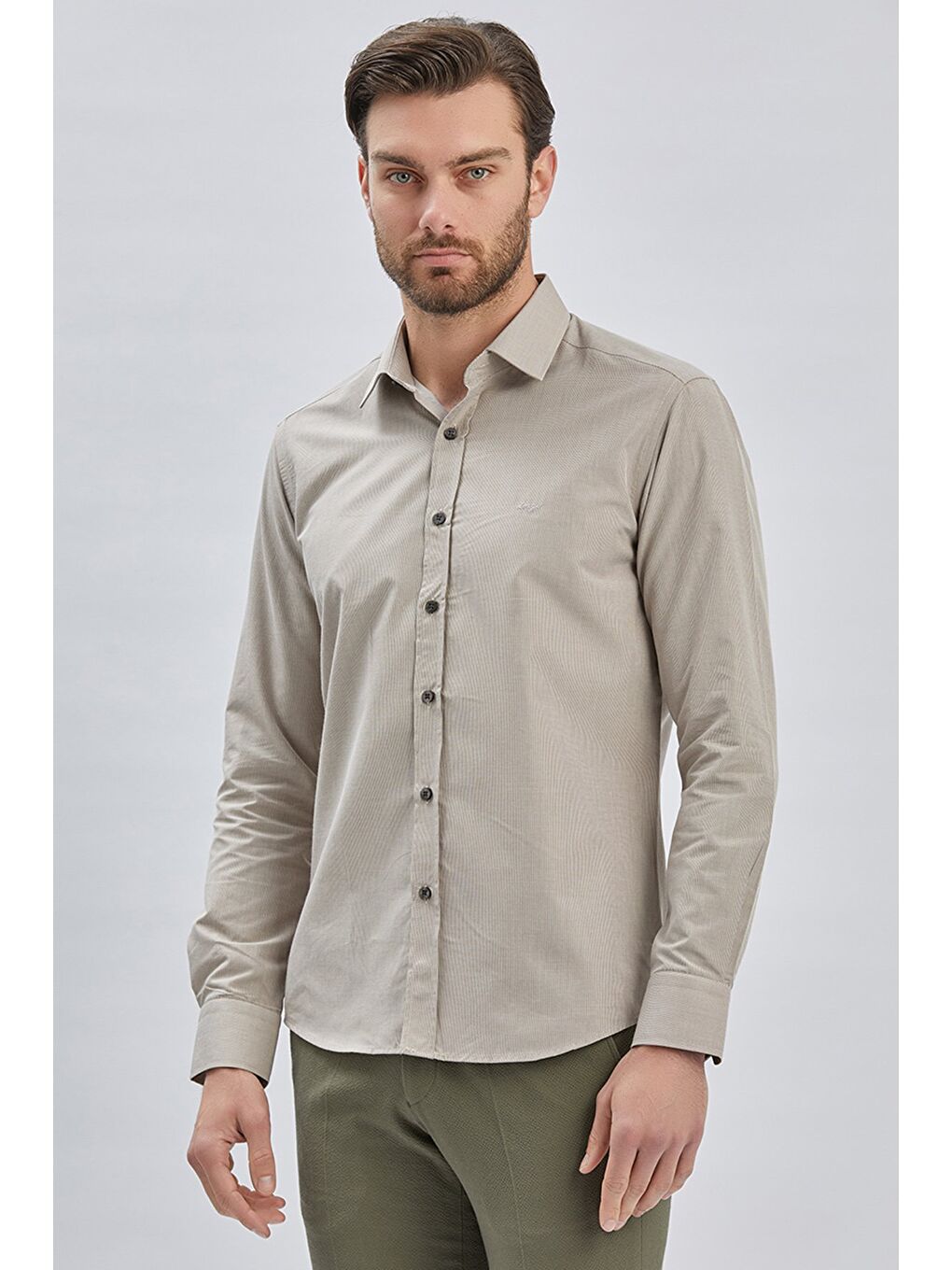 Kahverengi Camel Uzun Kollu Bez Ayağı Sert Yaka Cepsiz Pamuklu Klasik Slim Fit Dar Kesim Gömlek 1004240230-2