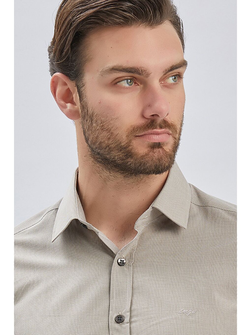 Kahverengi Camel Uzun Kollu Bez Ayağı Sert Yaka Cepsiz Pamuklu Klasik Slim Fit Dar Kesim Gömlek 1004240230-5