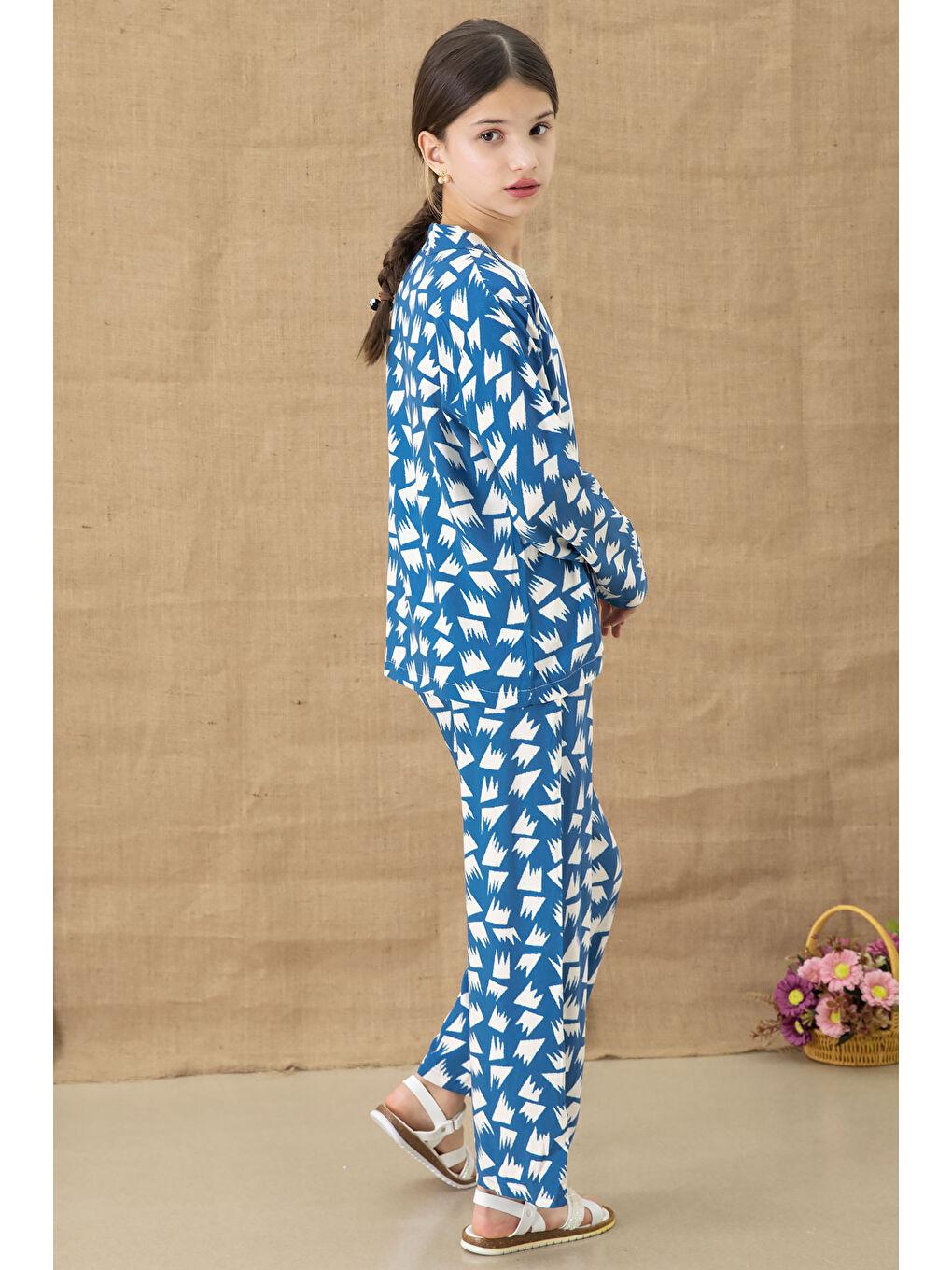 Mavi Desenli Bluzlu Geniş Paça Pantolonlu Kız Çocuk 3lü Takım 20760-4