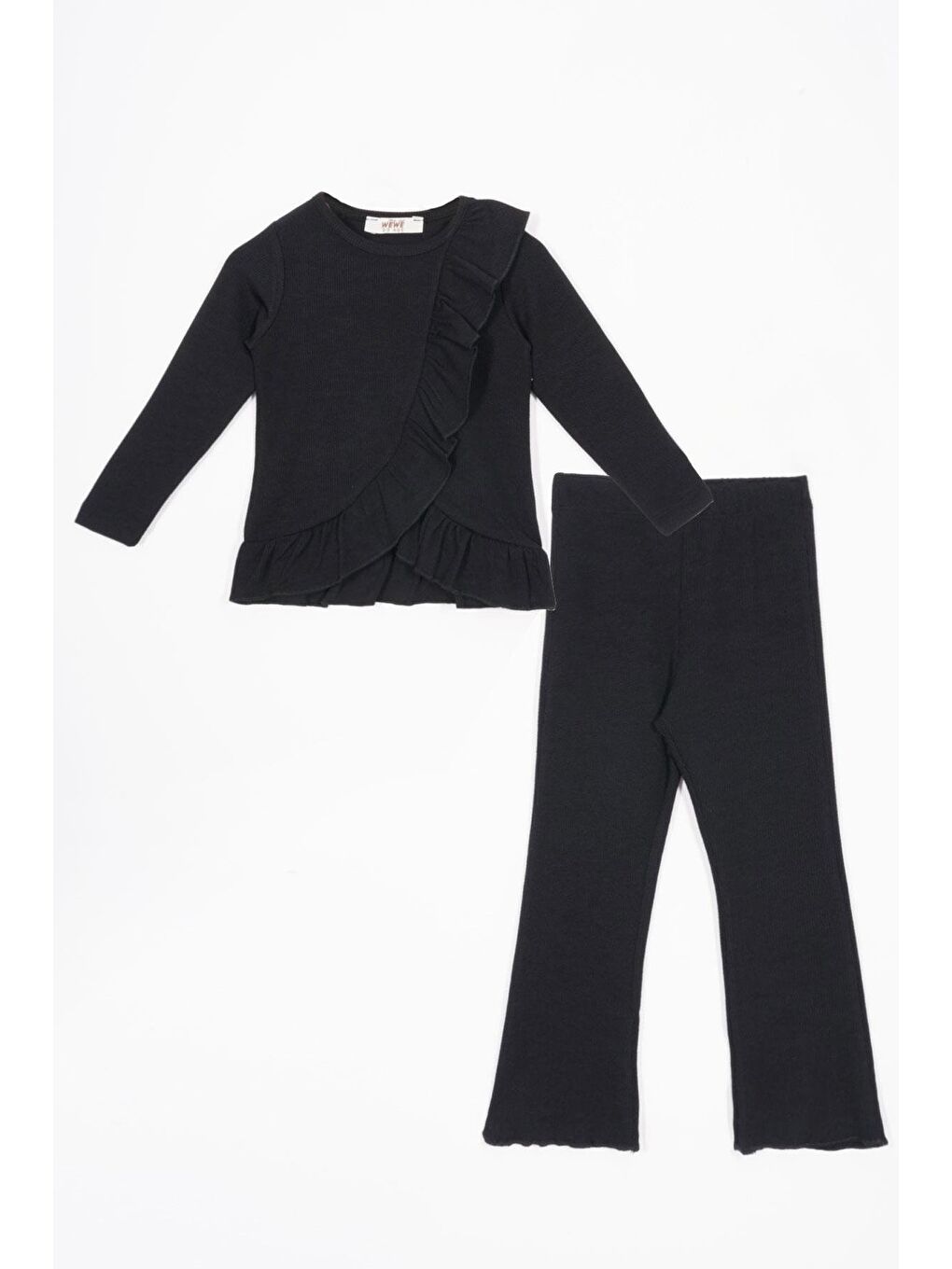 Bisiklet Yaka Uzun Kol Fırfır Detaylı Siyah Renk Kız Çocuk İkili Takım